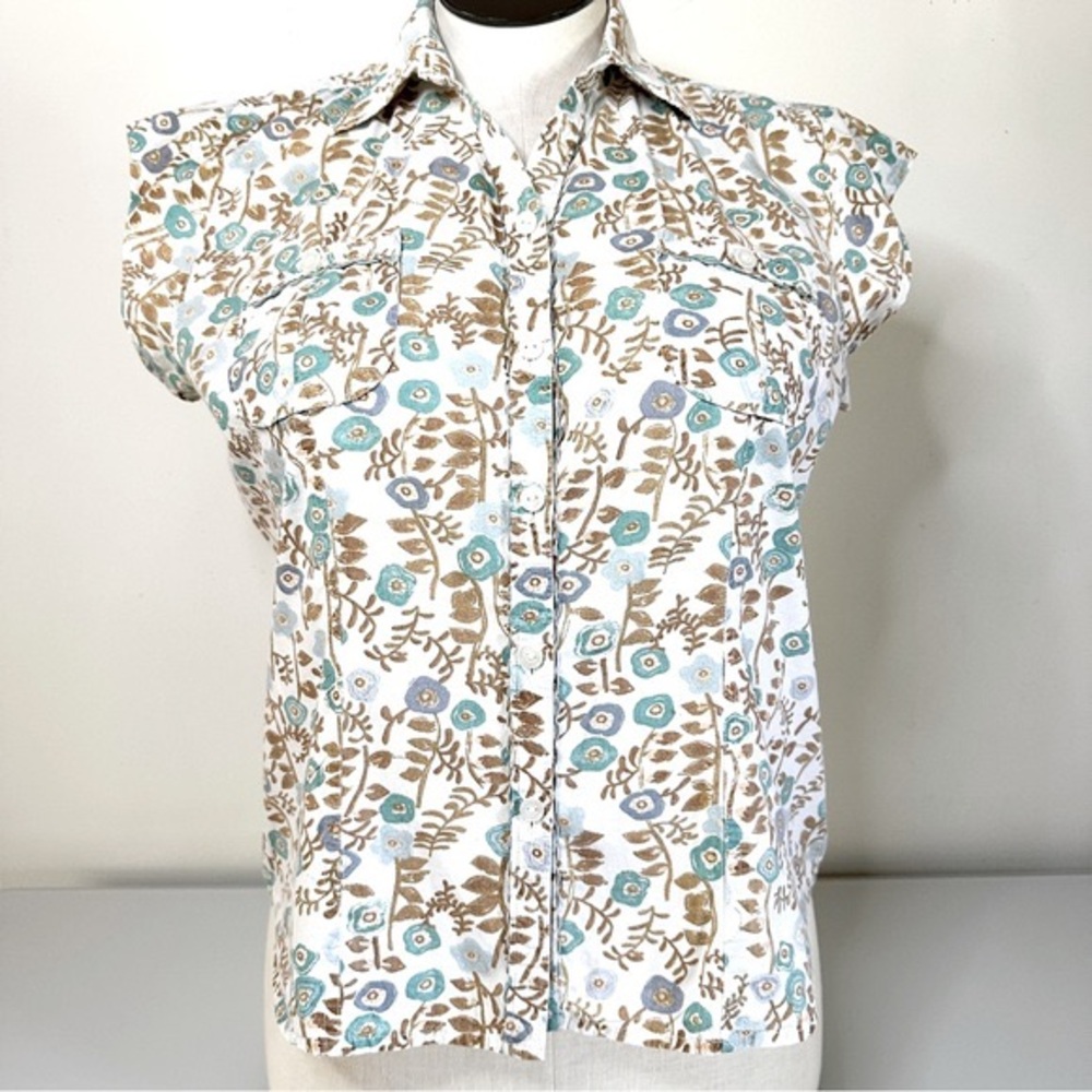 Woolrich 100% Cotton Floral Blouse M Turquoise + Tan